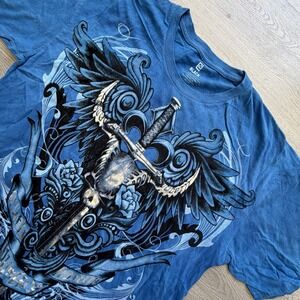 CJ Black Y2K Sword Skull Wings Graphic T Shirt Mens XL Blue Double Sided